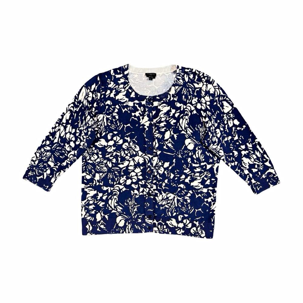 Talbots Women’s Petites XL Blue White Floral Pima Cotton Crew Neck Pullover